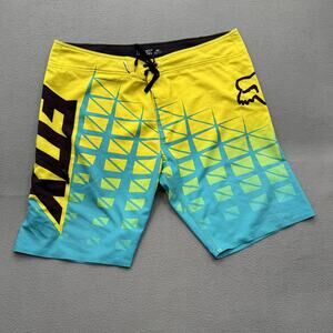 Fox Board Shorts Mens 40 Yellow Blue Geometric Swim Trunks Stretch Surf